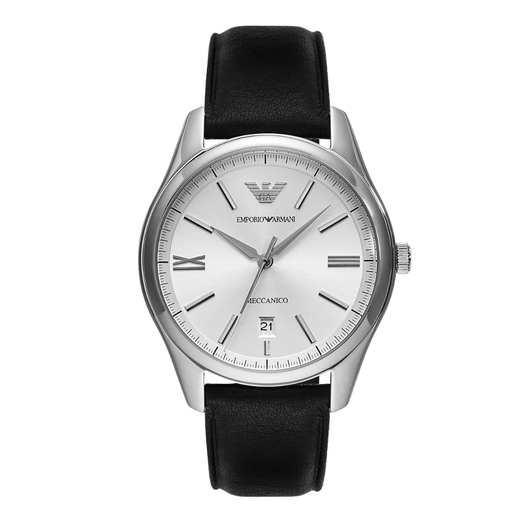 Emporio Armani Black Leather Strap Silver Dial Quartz Watch for Gents - AR60077