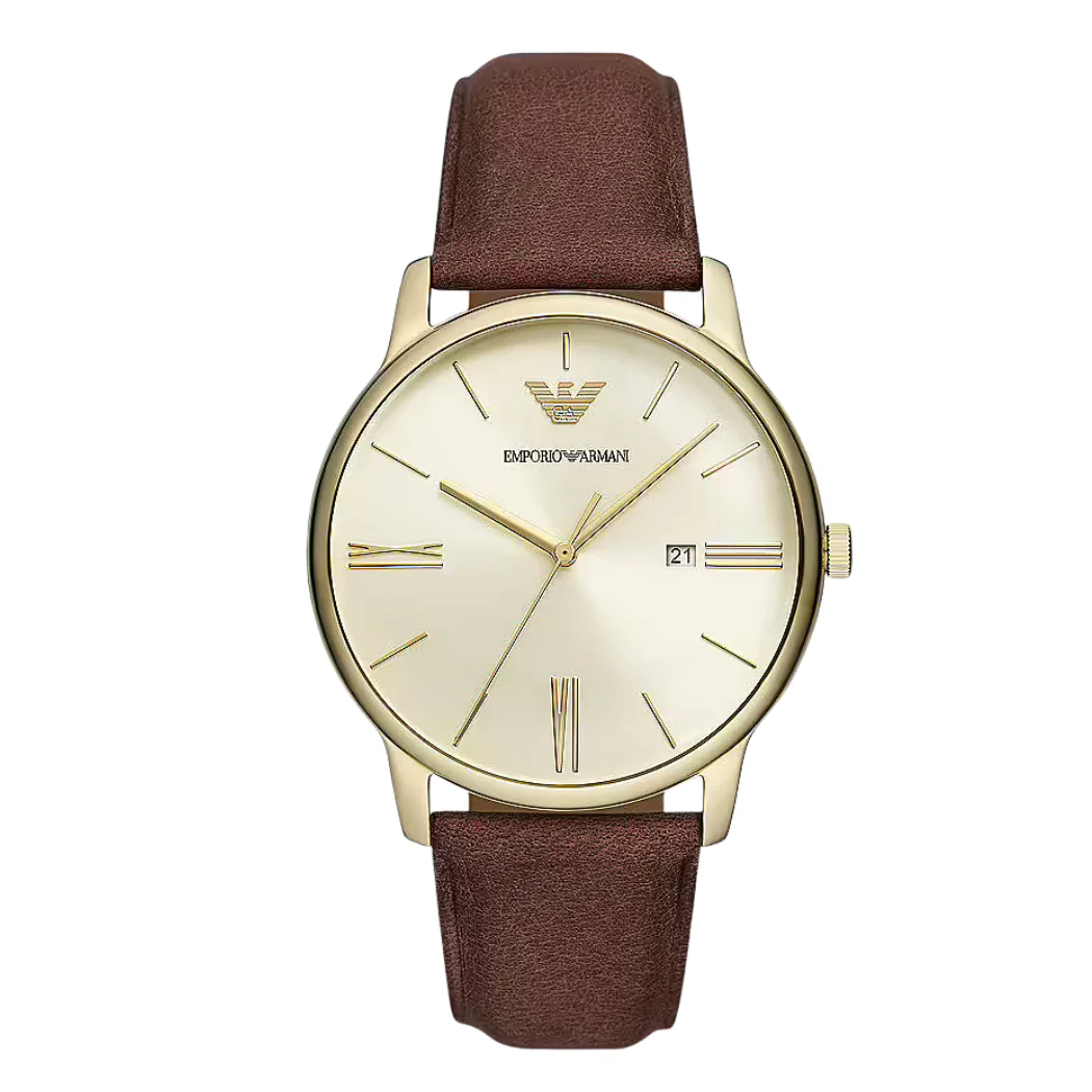 Emporio Armani Brown Leather Strap Gold Dial Quartz Watch for Gents - AR11610