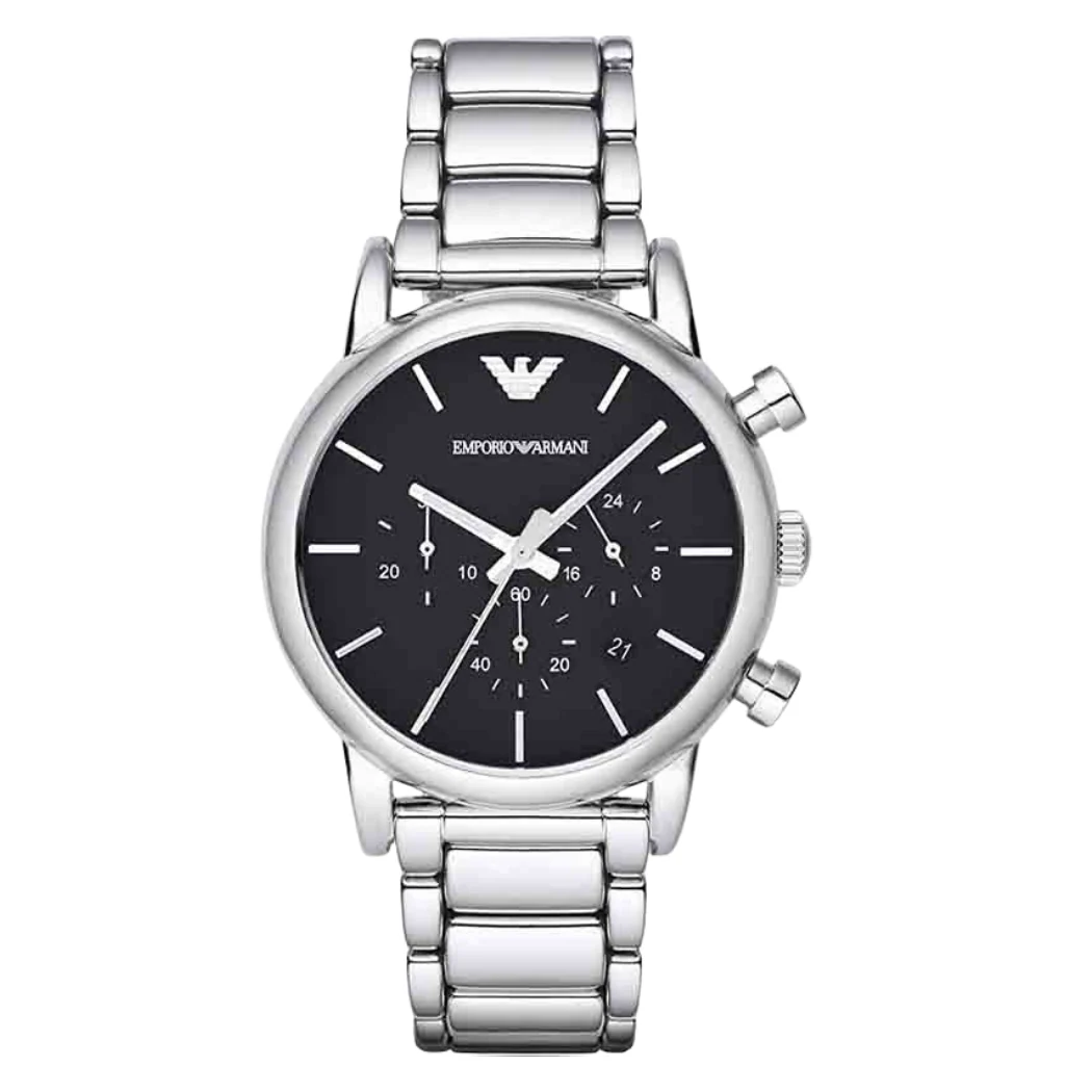 EMPORIO ARMANI Classic Black Dial Silver Stainless Steel Chronograph Watch For Gents - AR1853