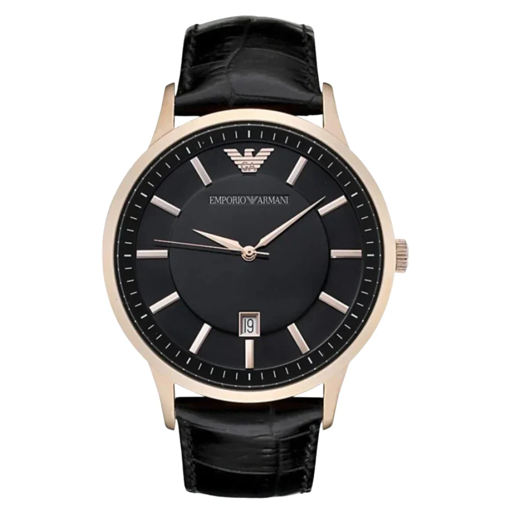 EMPORIO ARMANI Classic Black Leather Strap Black Dial Quartz Watch for Gents - AR2425