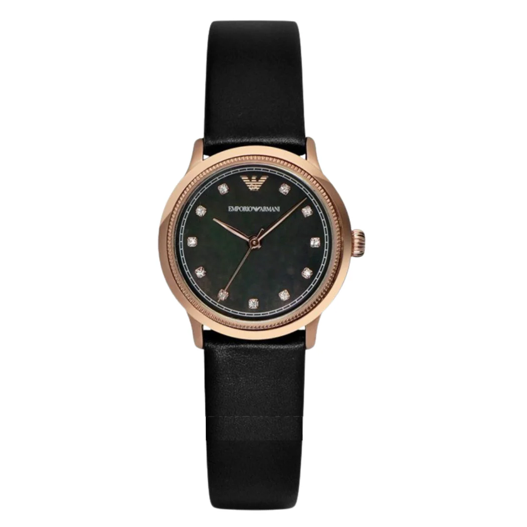 EMPORIO ARMANI Classic Black Leather Strap Mother Of Pearl Dial Quartz Watch for Ladies - AR1802