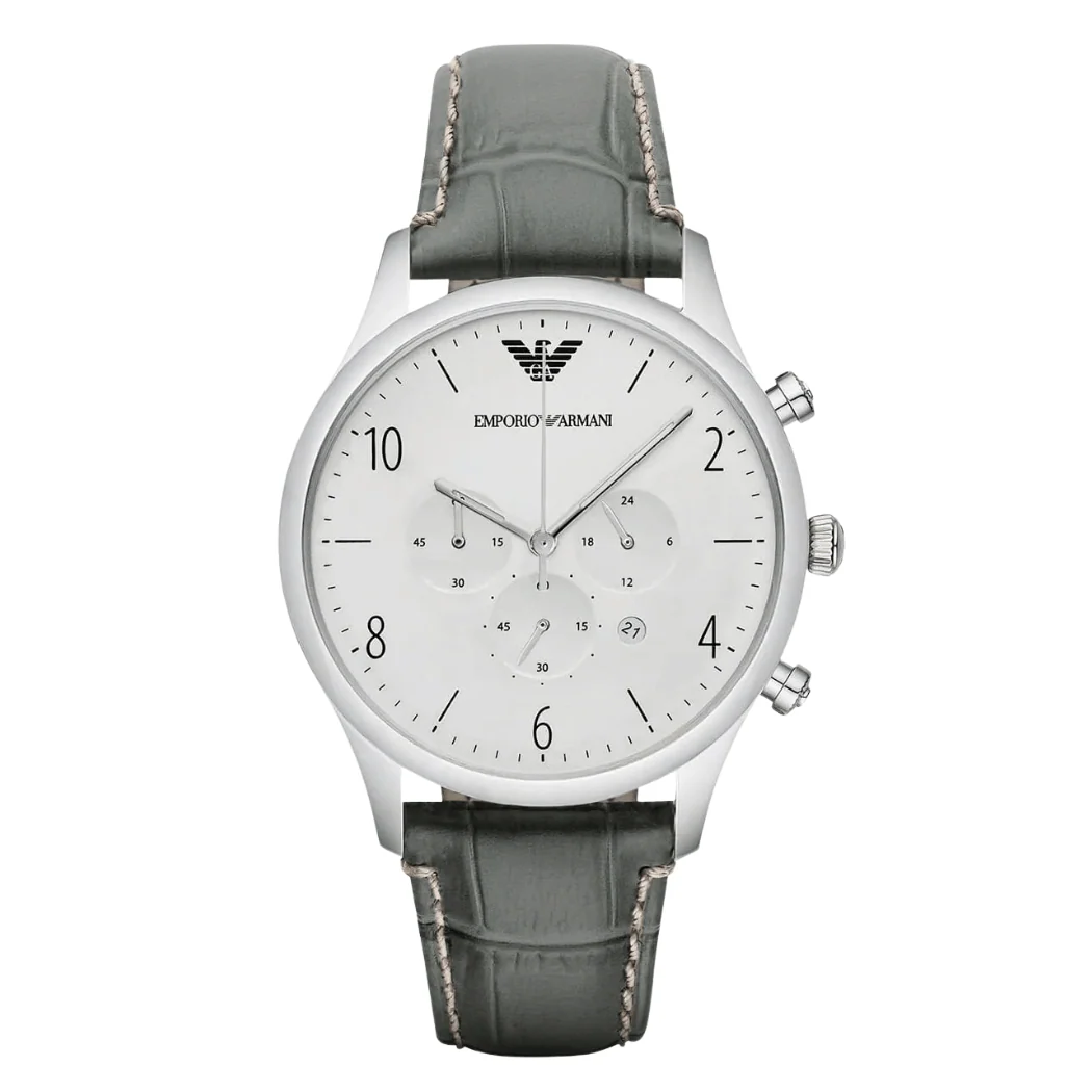 Emporio Armani Classic Black Leather Strap Silver Dial Chronograph Quartz Watch for Gents - AR1861