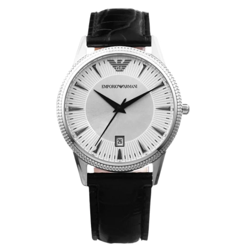 EMPORIO ARMANI Classic Black Leather Strap Silver Dial Quartz Watch for Ladies - AR2443 - Image 2