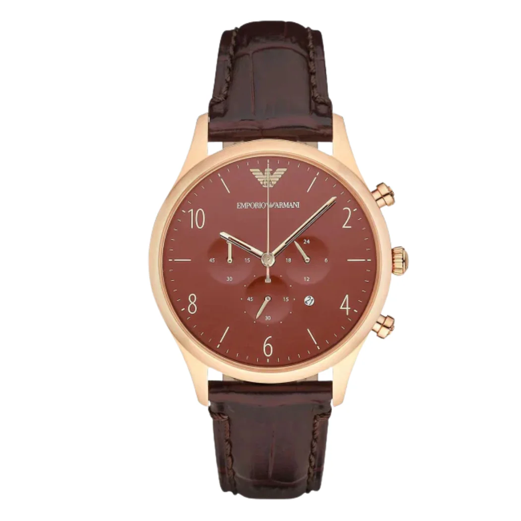 Emporio Armani Classic Brown Leather Strap Red Dial Chronograph Quartz Watch for Gents - AR1890
