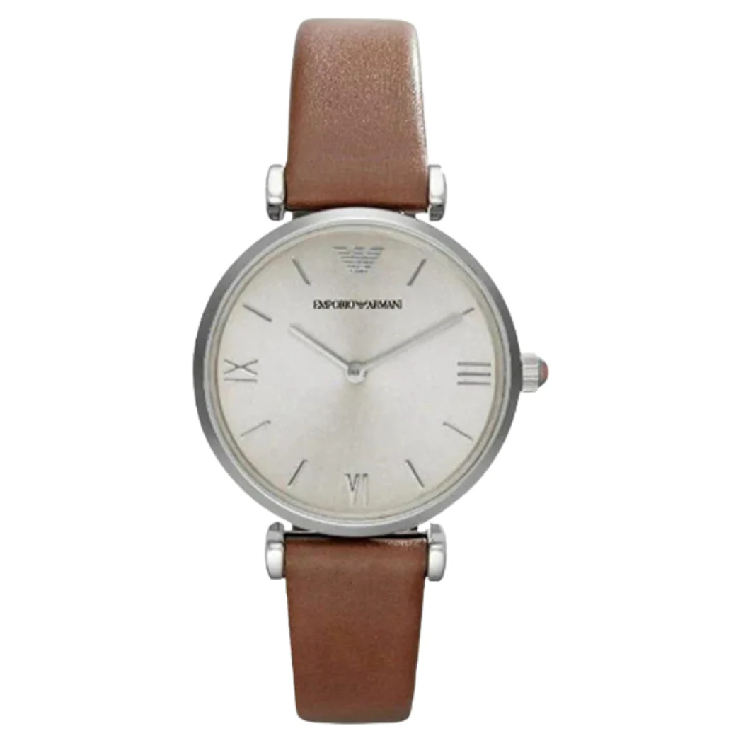 EMPORIO ARMANI Classic Brown Leather Strap Silver Dial Quartz Watch for Ladies - AR1679 - Image 3