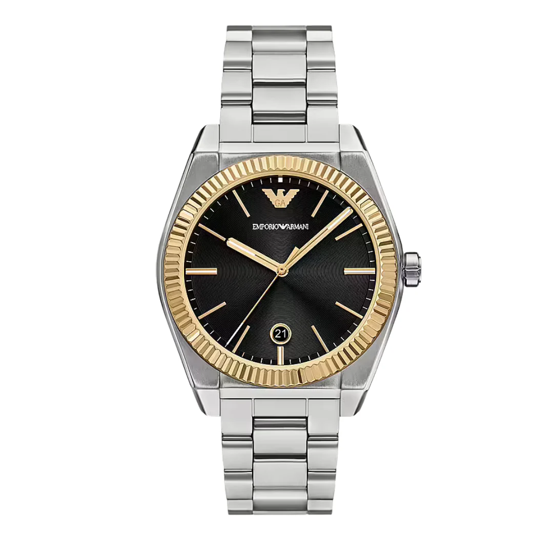 Emporio Armani Classic Silver Stainless Steel Black Dial Quartz Watch for Gents - Emporio Armani AR-80077