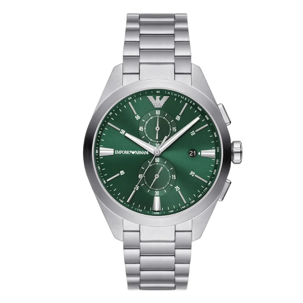 Emporio Armani Claudio Silver Stainless Steel Green Dial Chronograph Quartz Watch for Gents - AR11480