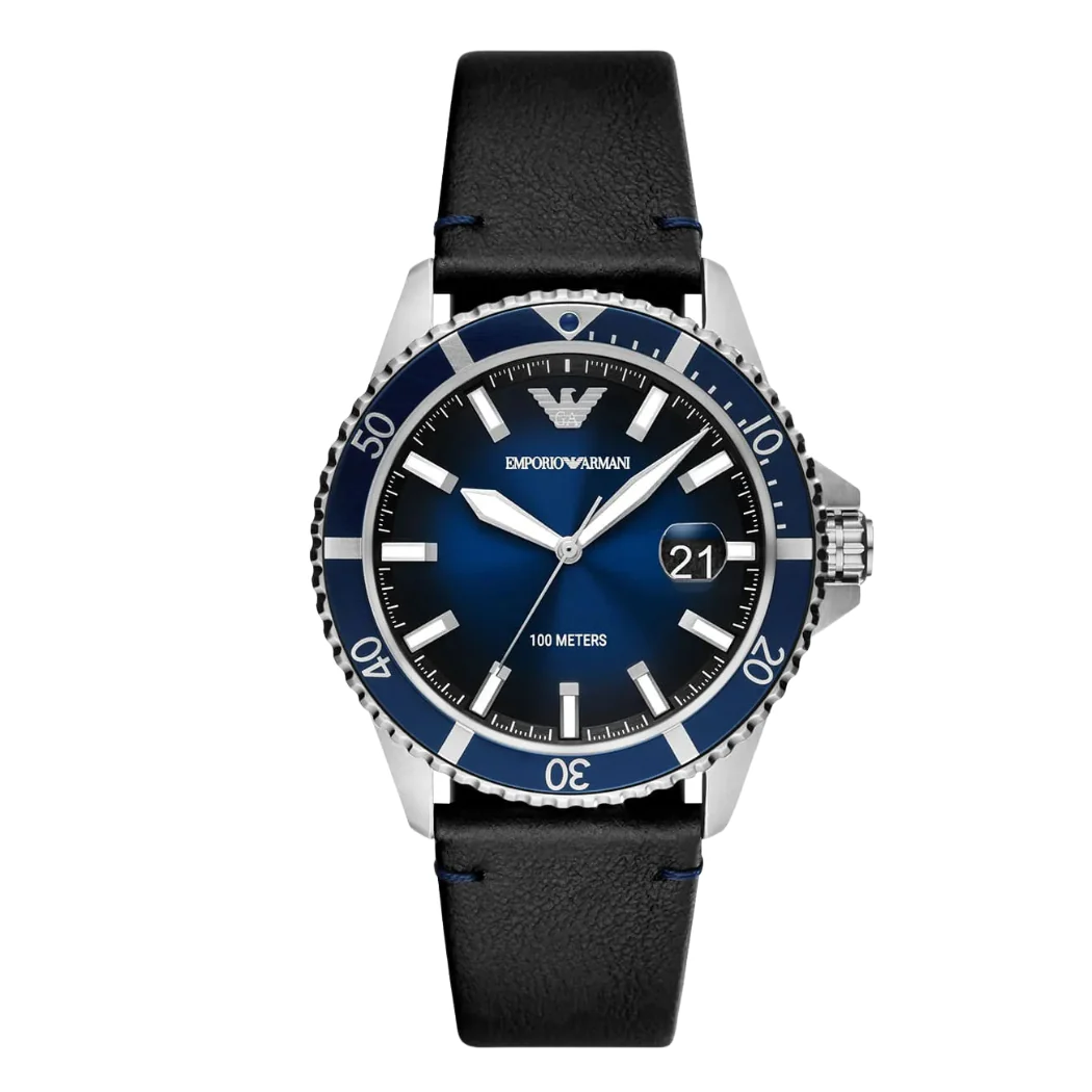 Emporio Armani Diver Black Leather Strap Blue Dial Quartz Watch for Gents - AR11516