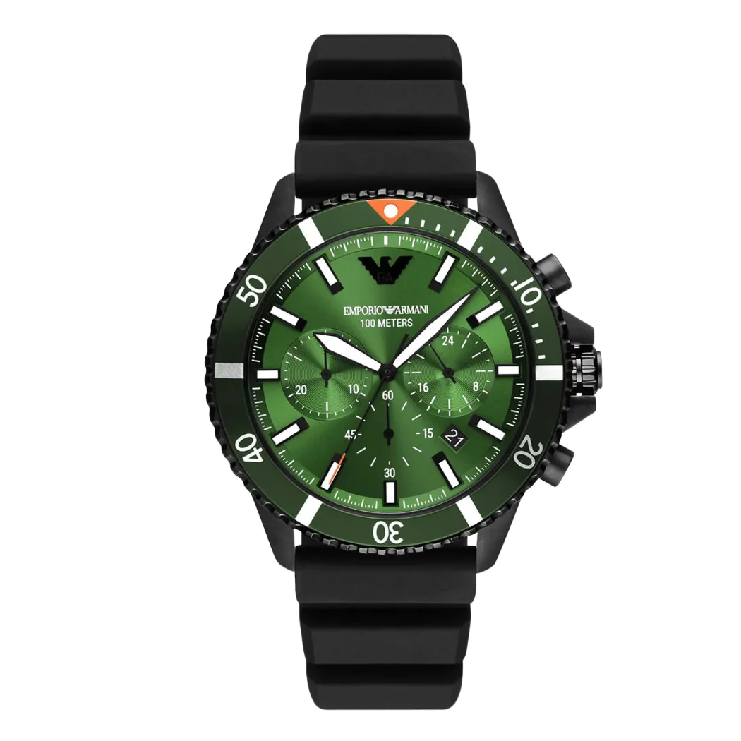 Emporio Armani Diver Black Silicone Strap Green Dial Chronograph Quartz Watch for Gents - AR11463