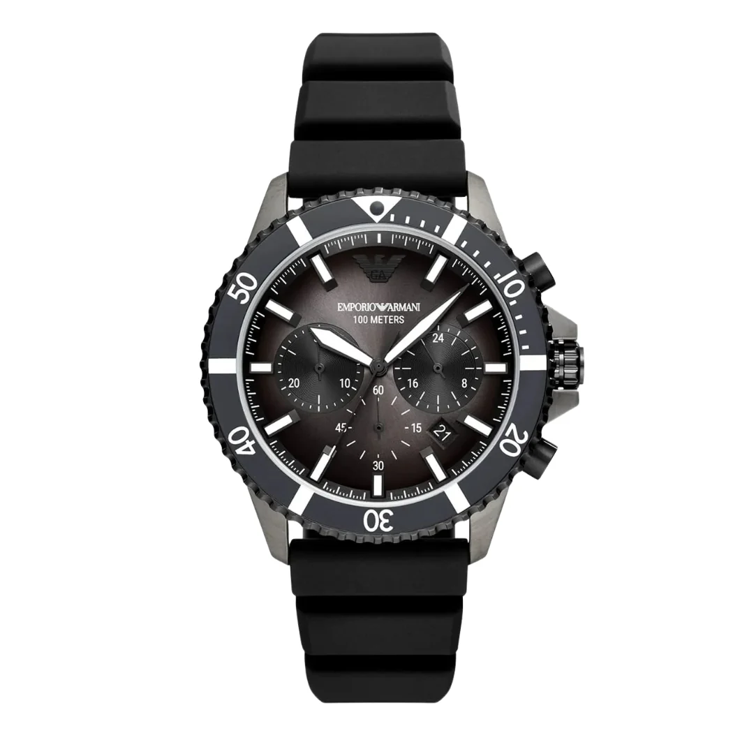 Emporio Armani Diver Black Silicone Strap Grey Dial Chronograph Quartz Watch for Gents - AR11515