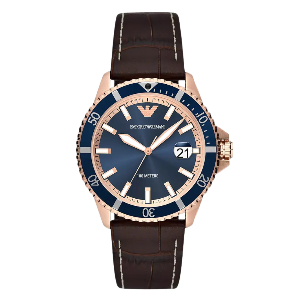 Emporio Armani Diver Brown Leather Strap Blue Dial Quartz Watch for Gents - AR11556