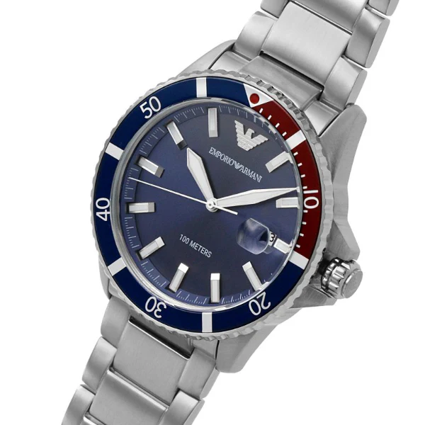 EMPORIO ARMANI Diver Silver Stainless Steel Blue Dial Quartz Watch for Gents- EMPORIO ARMANI AR 11339 - Image 2