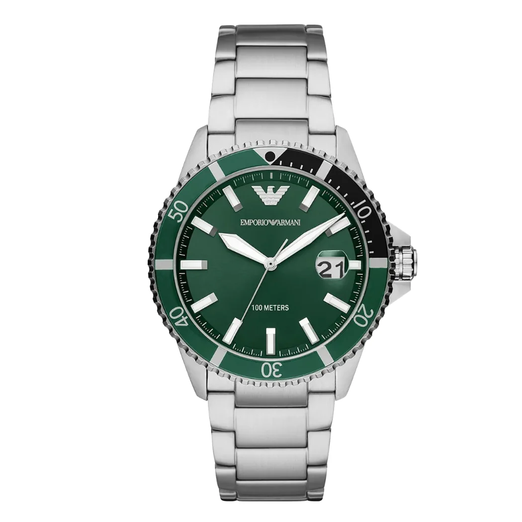 EMPORIO ARMANI Diver Silver Stainless Steel Green Dial Quartz Watch for Gents- EMPORIO ARMANI AR 11338