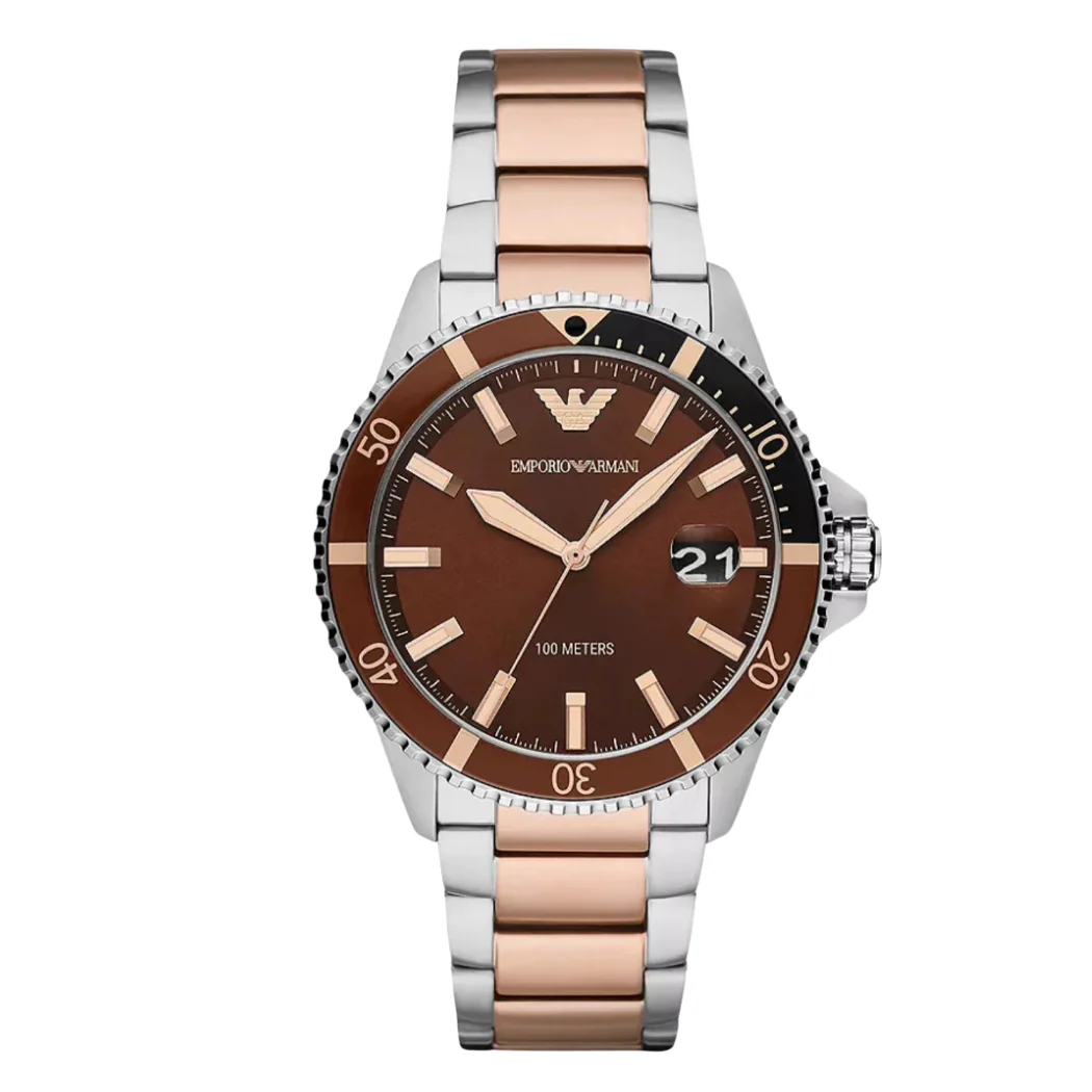EMPORIO ARMANI Diver Two-Tone Stainless Steel Brown Dial Quartz Watch for Gents- EMPORIO ARMANI AR 11340