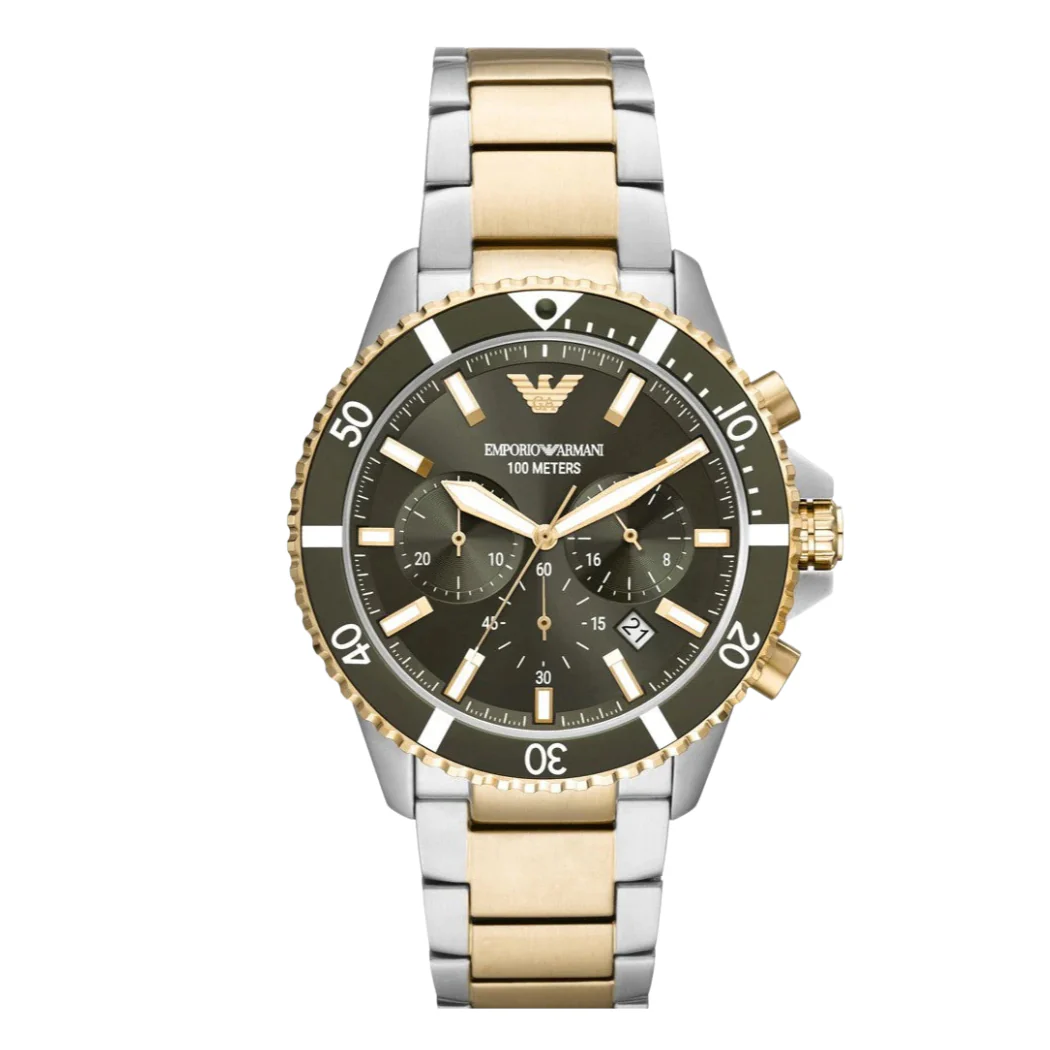 EMPORIO ARMANI Diver Two-Tone Stainless Steel Green Dial Chronograph Quartz Watch for Gents - AR 11361