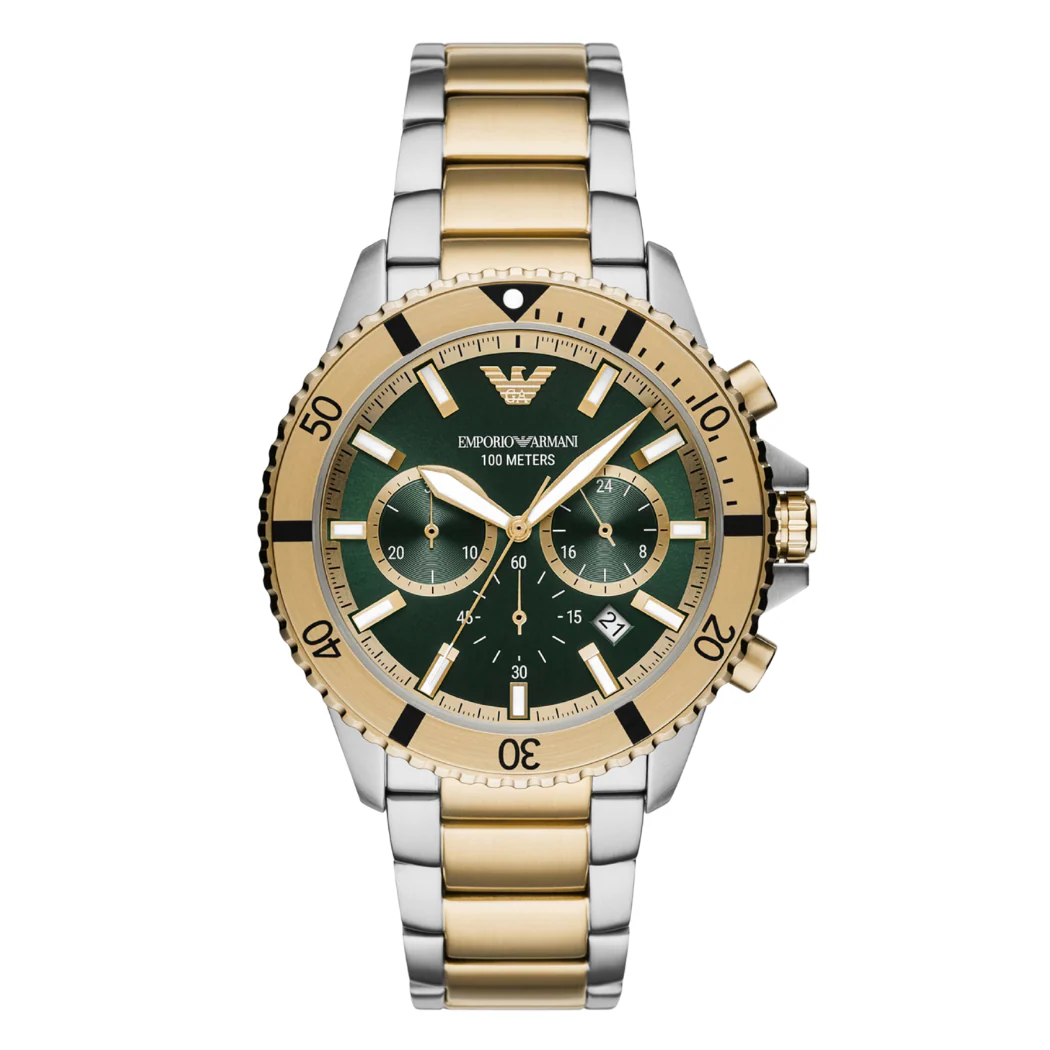 Emporio Armani Diver Two-tone Stainless Steel Green Dial Chronograph Quartz Watch for Gents - Emporio Armani A11586