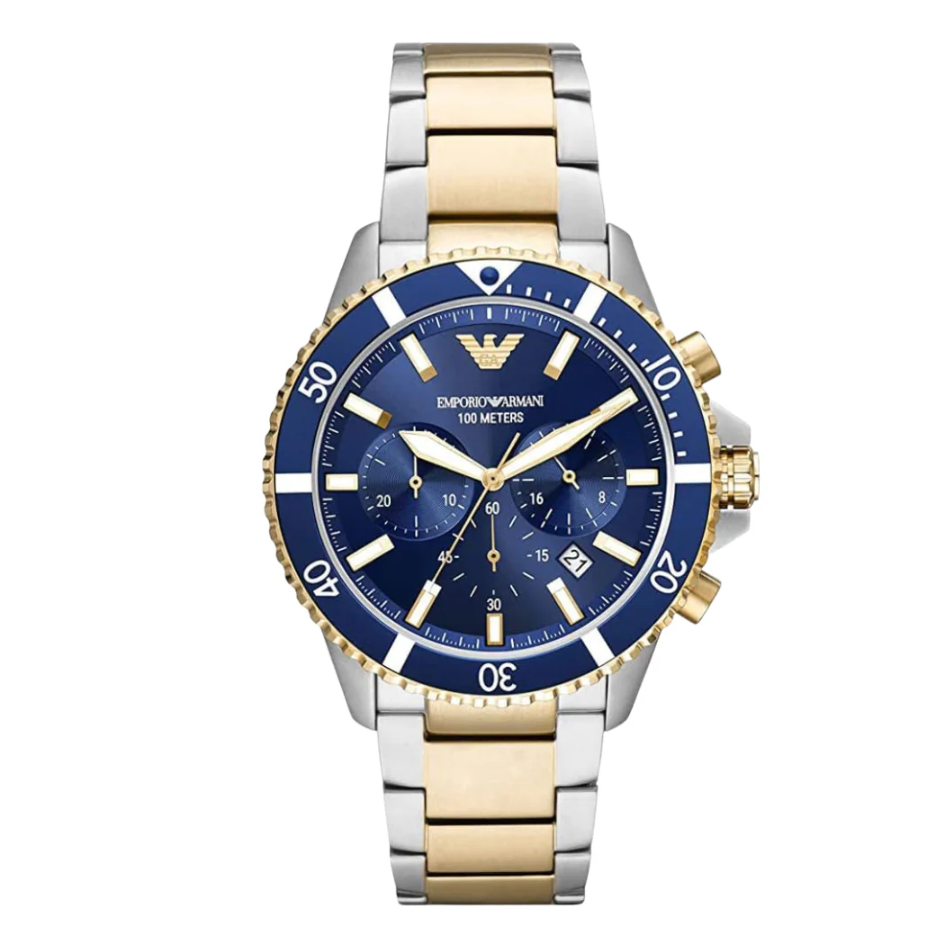 EMPORIO ARMANI Diver Two-tone Stainless Steel Navy Blue Dial Chronograph Quartz Watch for Gents -EMPORIO ARMANI AR 11362