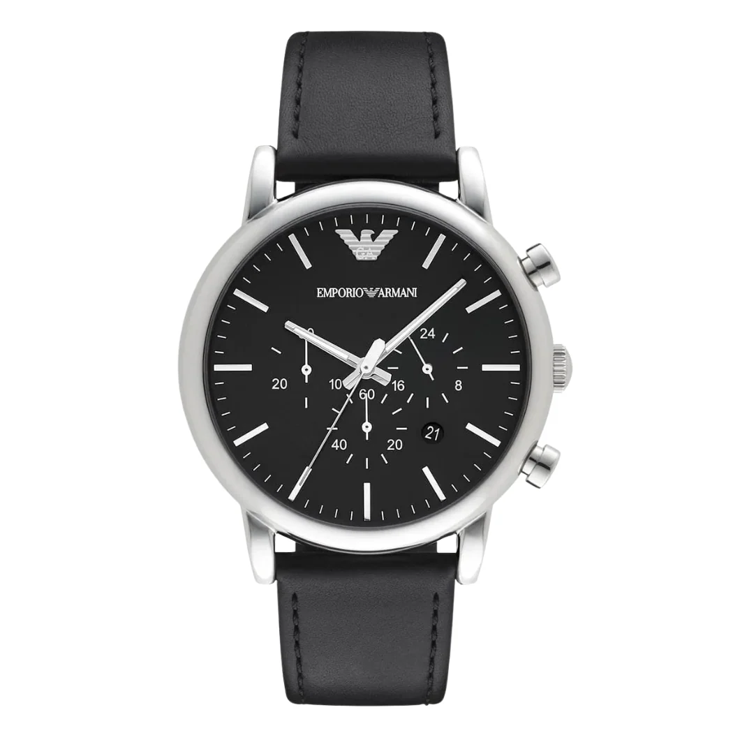 EMPORIO ARMANI Dress Black Leather Strap Black Dial Chronograph Quartz Watch for Gents - AR8029