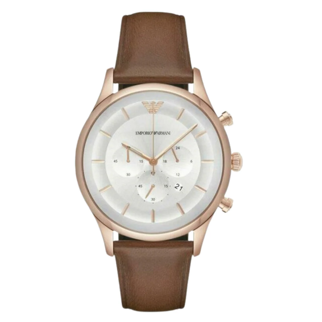 EMPORIO ARMANI Dress Brown Leather Strap Silver Dial Chronograph Quartz Watch for Gents - AR11043 - Image 4