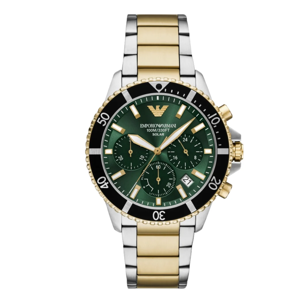 Emporio Armani Explorer Solar-Powered Two-tone Stainless Steel Green Dial Quartz Watch for Gents - Emporio Armani AR-11695