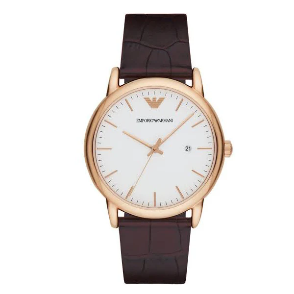 Emporio Armani Brown Leather Strap White Dial Gent's Watch- AR2502