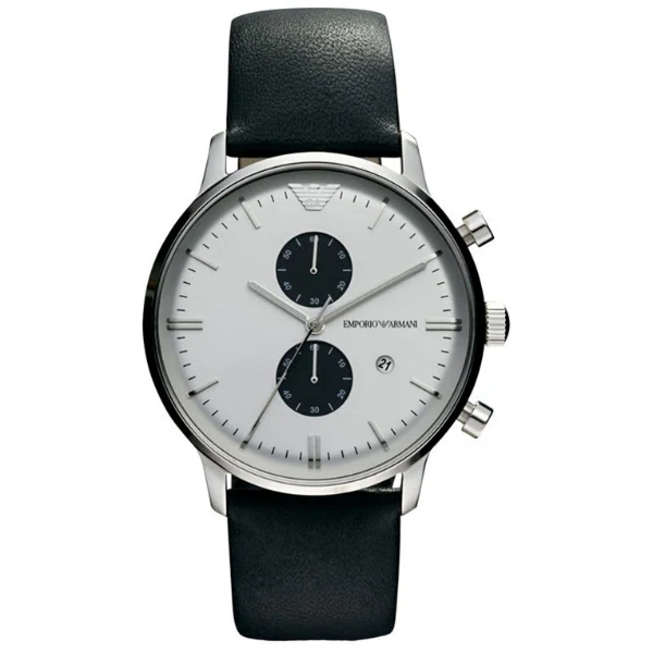 EMPORIO ARMANI Gianni Black Leather White Dial Quartz Watch for Gents- EMPORIO ARMANI AR 0385