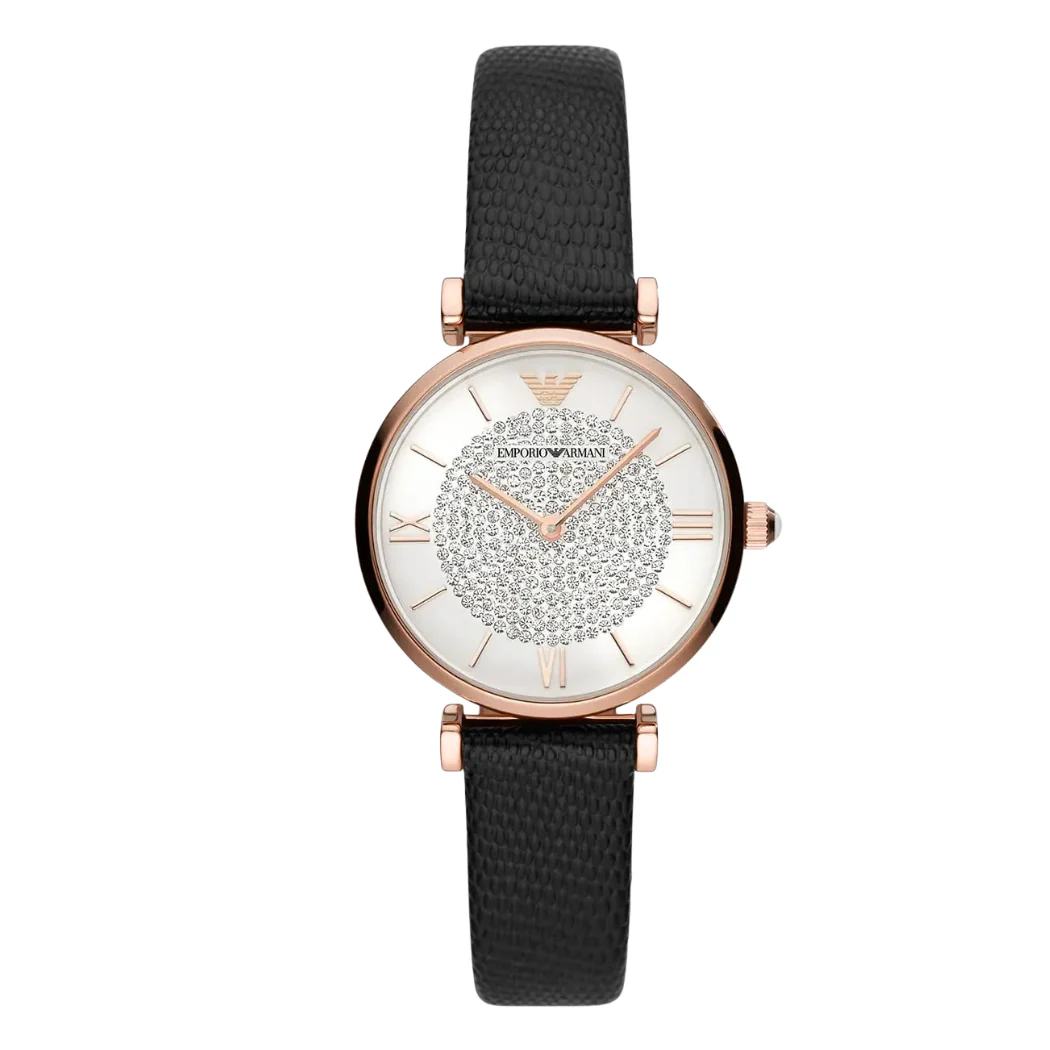 Emporio Armani Gianni T-Bar Black Leather Strap Silver Dial Quartz Watch for Ladies - AR11387