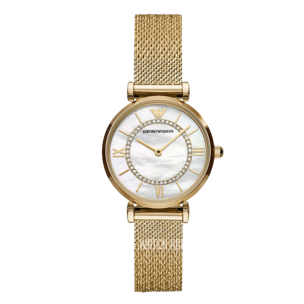 Emporio Armani Gianni T-Bar Gold Mesh Bracelet Mother Of Pearl Dial Quartz Watch for Ladies - AR11321