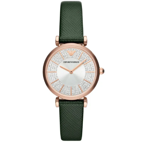 Emporio Armani Gianni T-Bar Green Leather Strap Silver Dial Quartz Watch for Ladies - AR11517