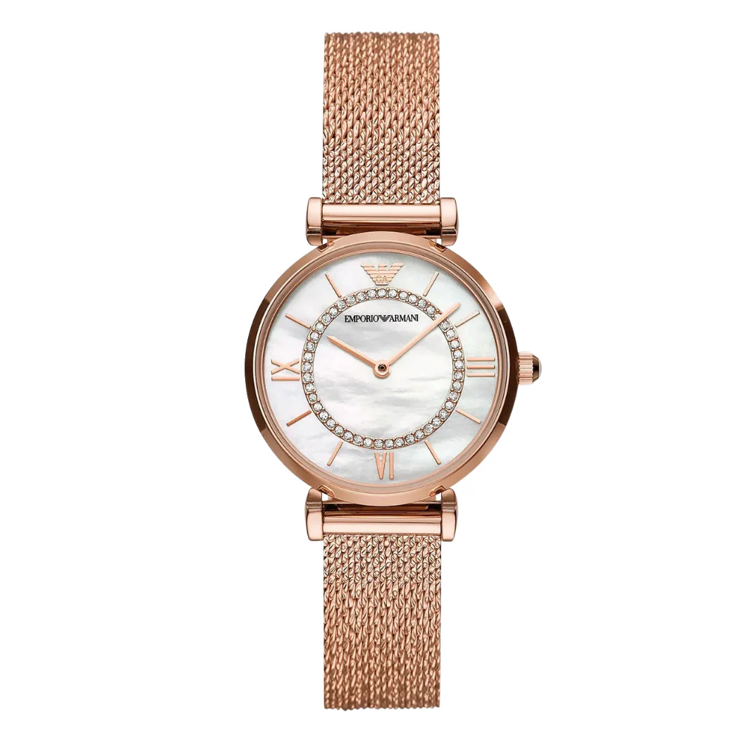 Emporio Armani Gianni T-Bar Rose Gold Mesh Bracelet Mother Of Pearl Dial Quartz Watch for Ladies - AR11320