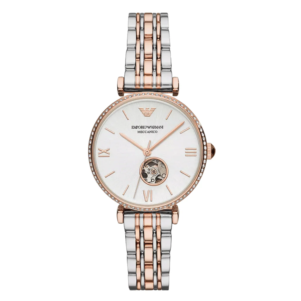 EMPORIO ARMANI Gianni T-Bar Two-Tone Stainless Steel Silver Dial Automatic Watch for Ladies - AR60019