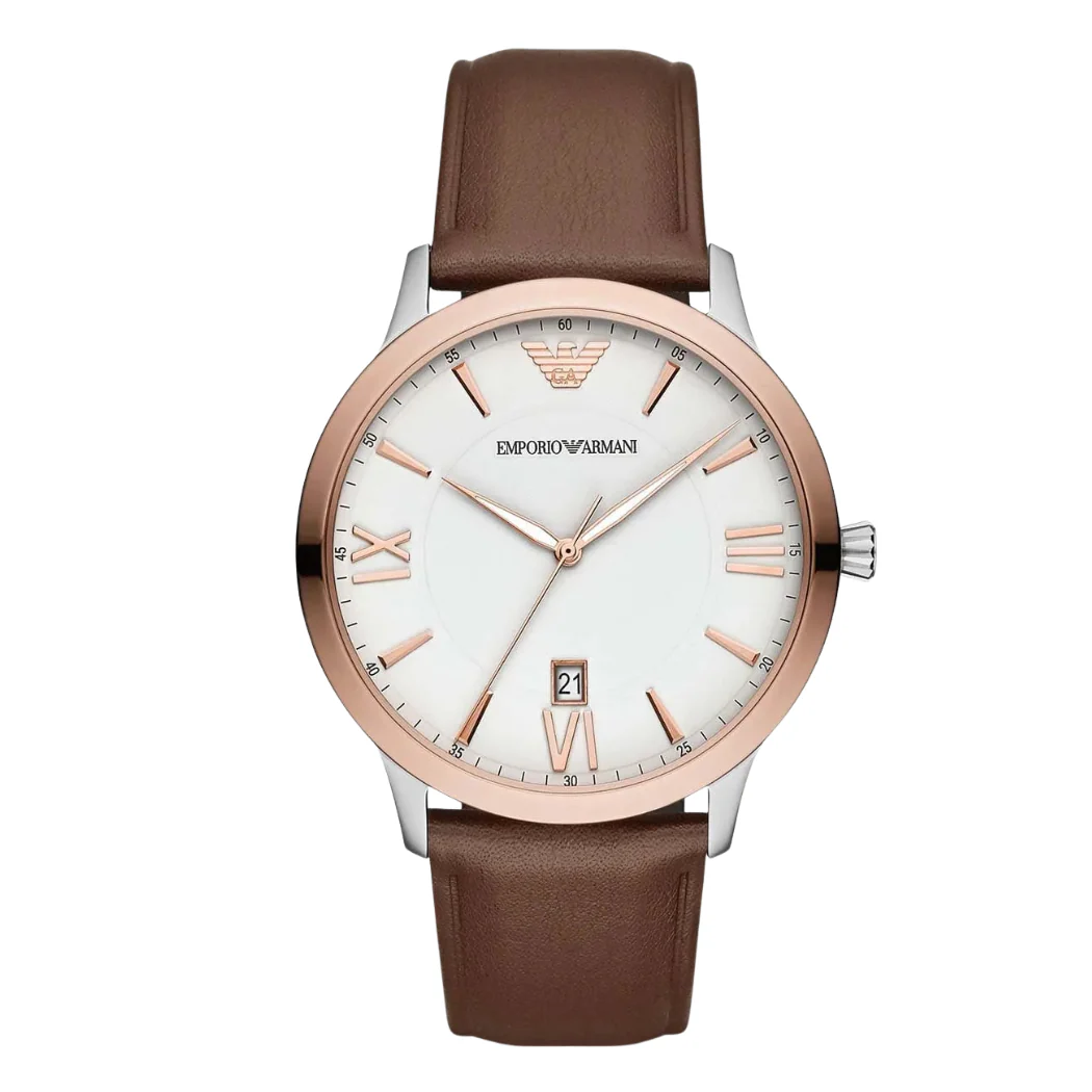 EMPORIO ARMANI Giovanni Brown Leather Strap White Dial Quartz Watch for Gents - AR11211