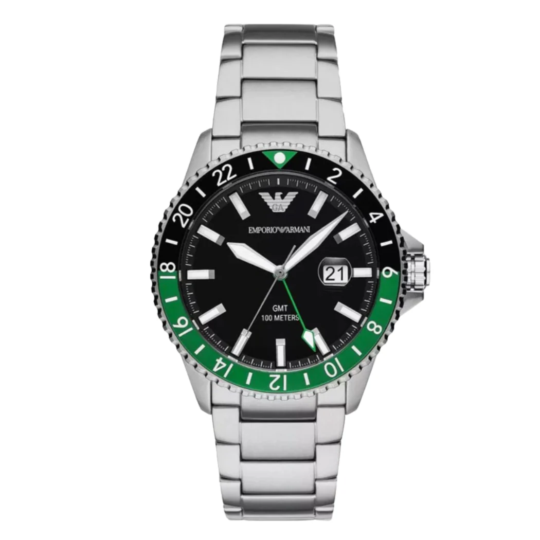 Emporio Armani GMT Silver Stainless Steel Black Dial Quartz Watch for Gents - AR11589