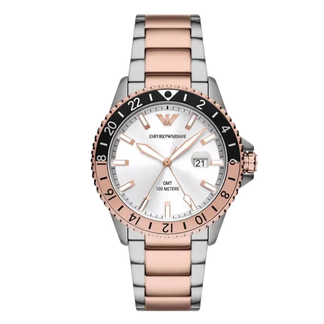 Emporio Armani GMT Two-tone Stainless Steel Silver Dial Quartz Watch for Gents - AR11591