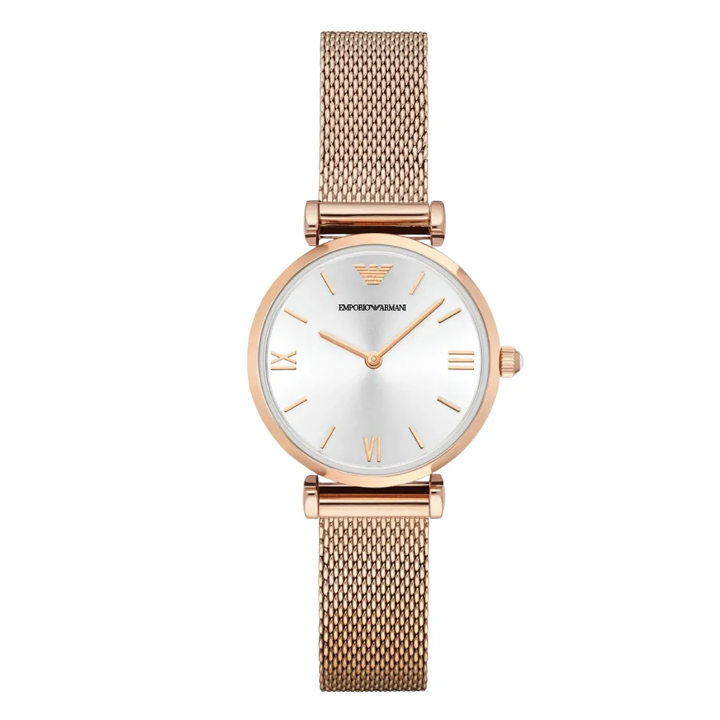 Emporio Armani Rose Gold Mesh Bracelet Silver Dial Quartz Watch For Ladies AR-1956
