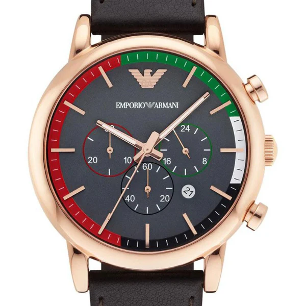 EMPORIO ARMANI Luigi Brown Leather Strap Black Dial Quartz Watch for Gents - EMPORIO ARMANI AR1931 - Image 2