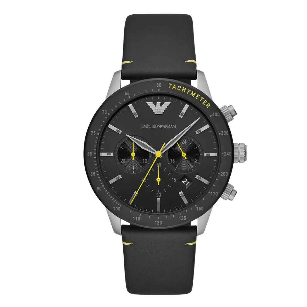 EMPORIO ARMANI Mario Black Leather Strap Black Dial Chronograph Quartz Watch for Gents - AR11325