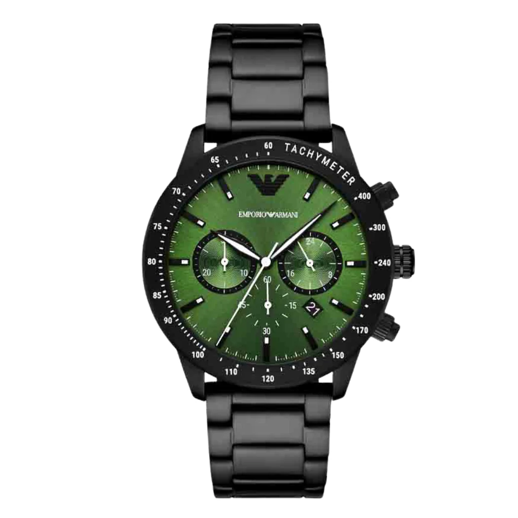 EMPORIO ARMANI Mario Black Stainless Steel Green Dial Chronograph Quartz Watch for Gents - AR11472