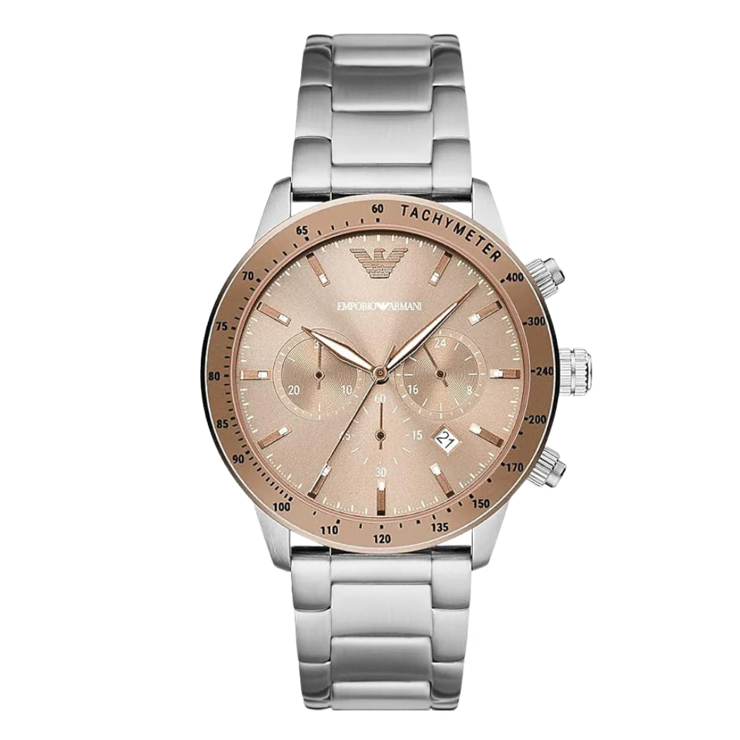EMPORIO ARMANI Mario Silver Stainless Steel Beige Dial Chronograph Quartz Watch for Gents - AR11352