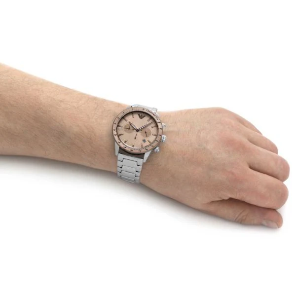 EMPORIO ARMANI Mario Silver Stainless Steel Beige Dial Chronograph Quartz Watch for Gents - AR11352 - Image 3