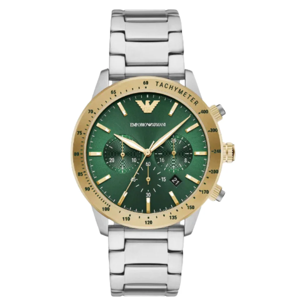 EMPORIO ARMANI Mario Silver Stainless Steel Green Dial Chronograph Quartz Watch for Gents - AR11454