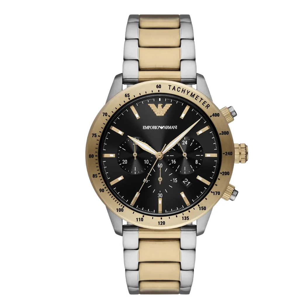 Emporio Armani Mario Two-tone Stainless Steel Black Dial Chronograph Quartz Watch for Gents - AR11521