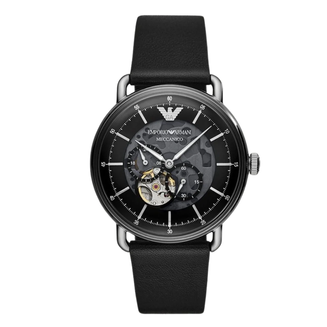Emporio Armani Meccanico Black Leather Strap Black Dial Automatic Watch for Gents - AR60026