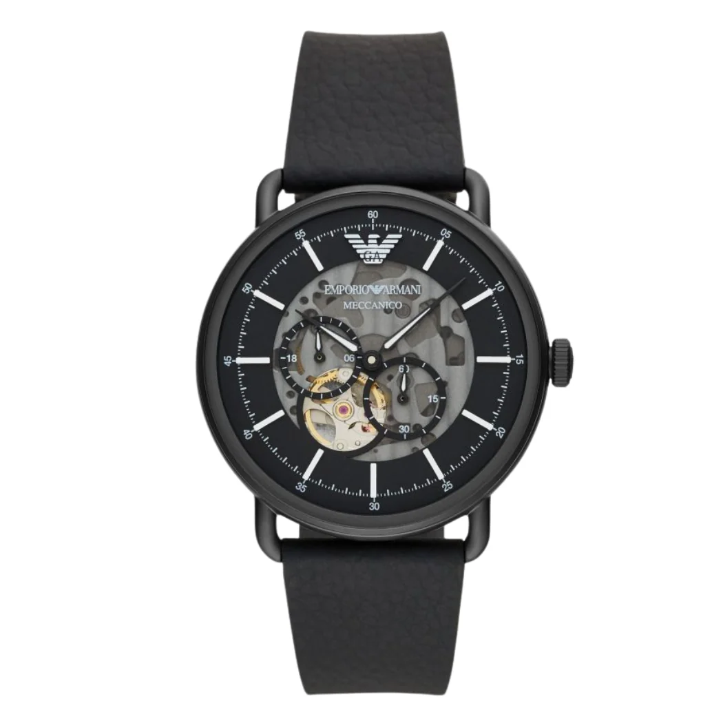 Emporio Armani Meccanico Black Leather Strap Black Dial Automatic Watch for Gents - AR60028