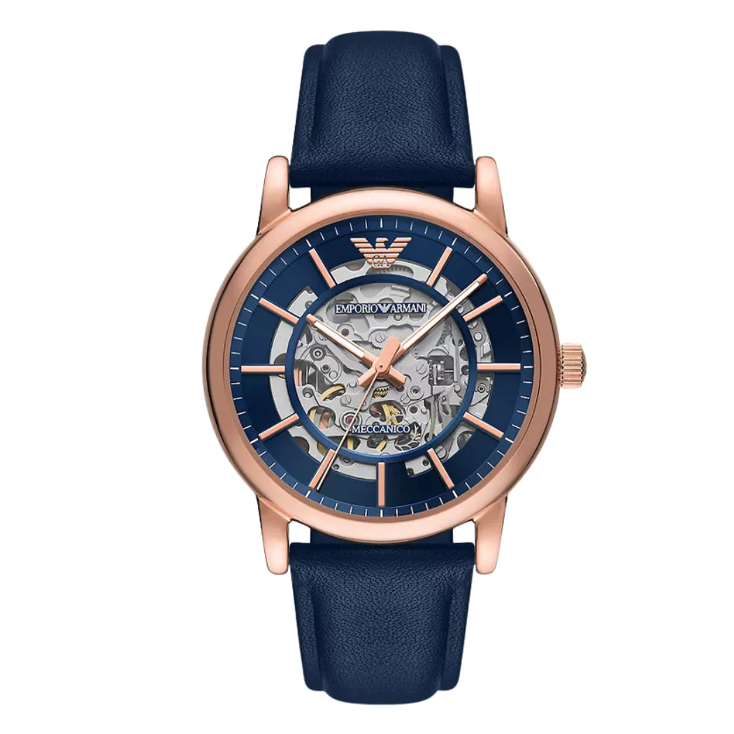 Emporio Armani Meccanico Blue Leather Strap Blue Dial Automatic Watch for Gents - AR60050