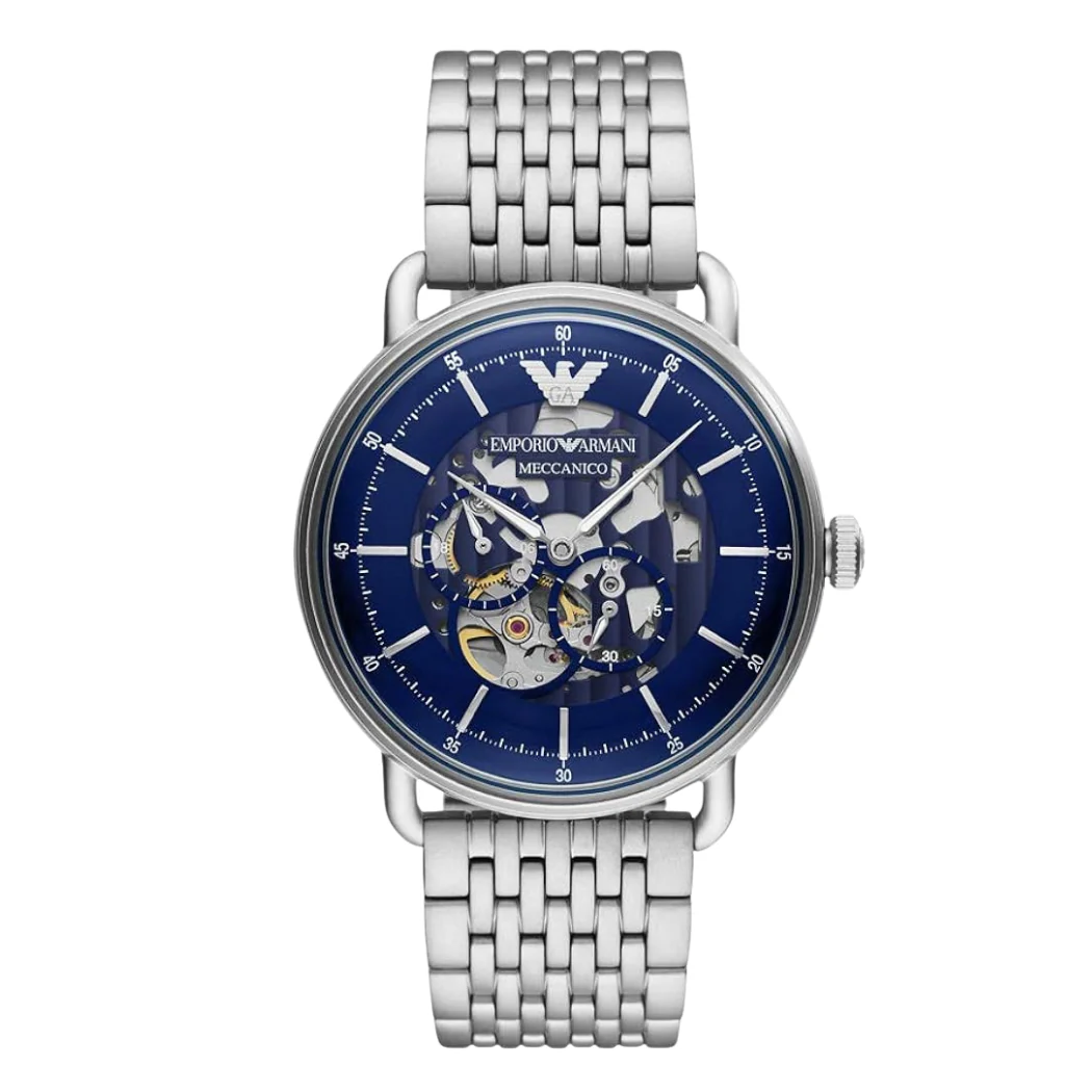 EMPORIO ARMANI Meccanico Silver Stainless Steel Blue Dial Automatic Watch for Gents - AR60024