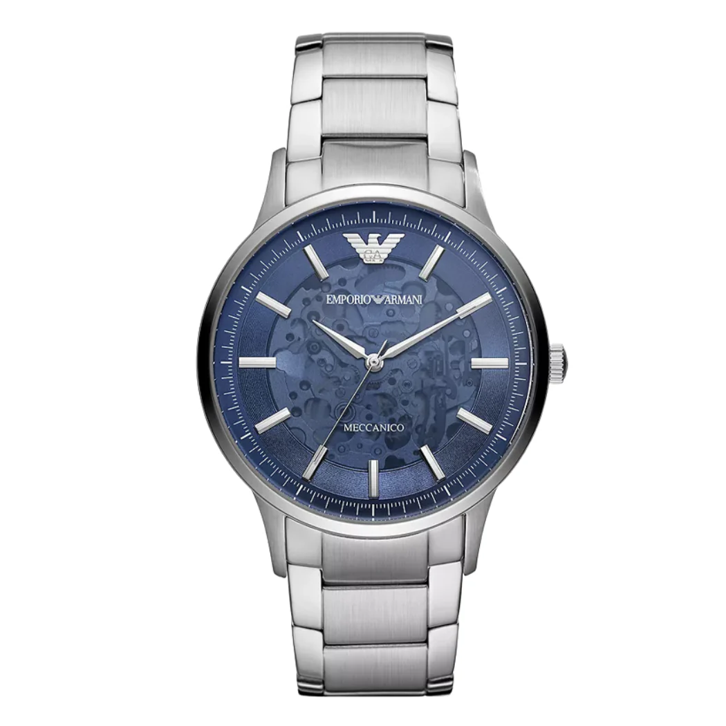 Emporio Armani Meccanico Silver Stainless Steel Blue Dial Automatic Watch for Gents - AR60037