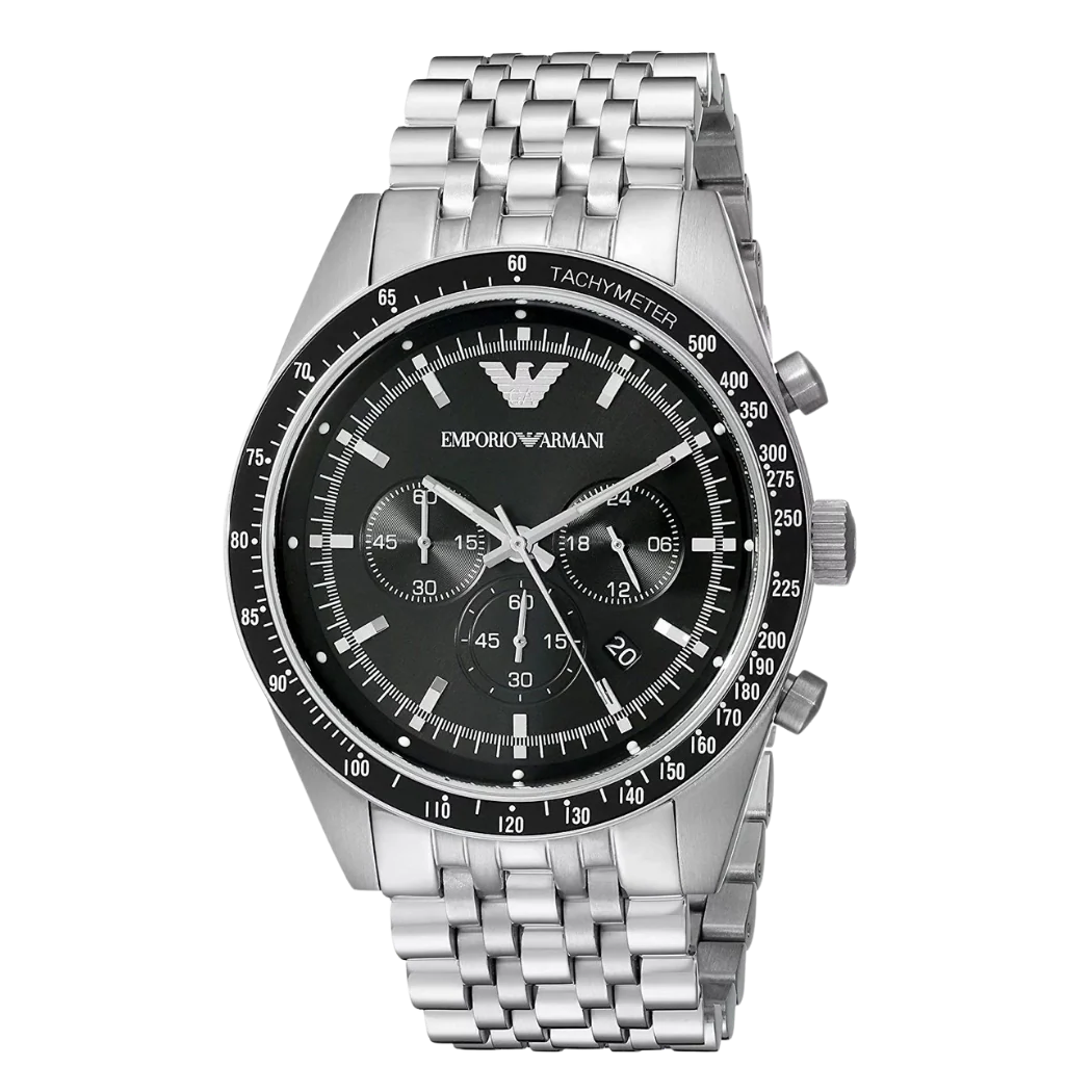 Emporio Armani Silver Stainless Steel Black Dial Quartz Watch For Gents - AR5988