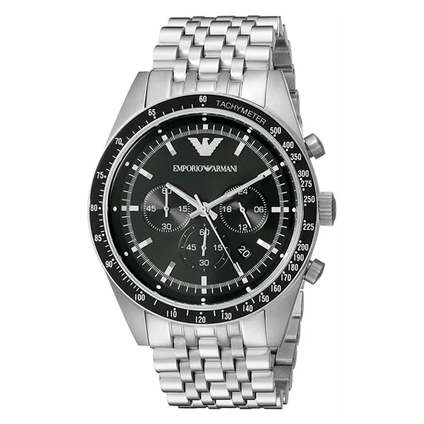Emporio Armani Silver Stainless Steel Black Dial Quartz Watch For Gents - AR5988 - Image 2