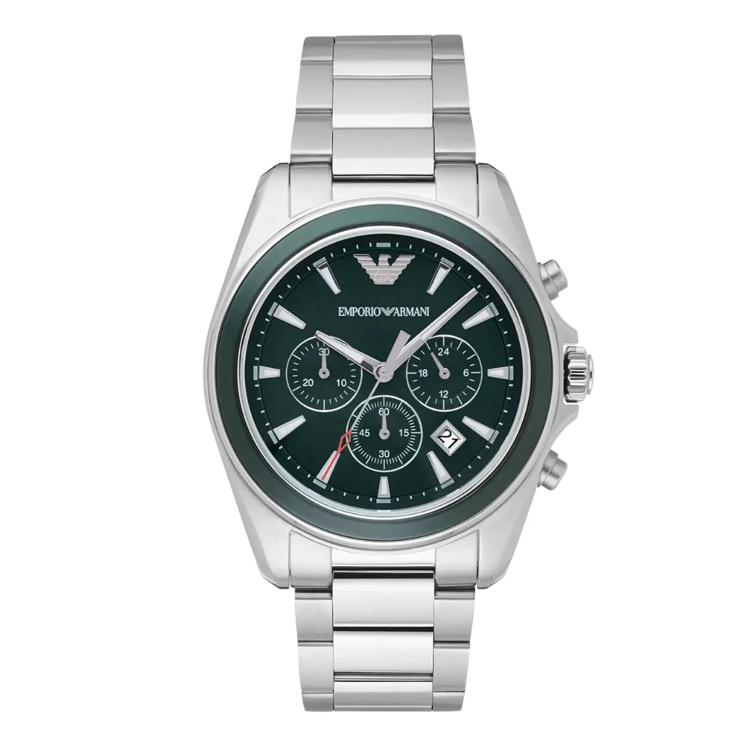 Emporio Armani Silver Stainless Steel Green Dial Quartz Watch For Men's Watch- AR6090
